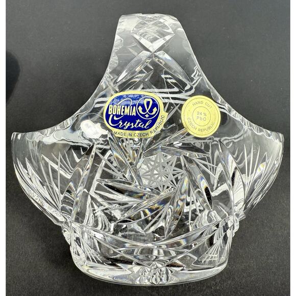 Bohemia Crystal 24% Lead Hand Cut Glass Basket Czech Republic Signed Pristine - Picture 6 of 10